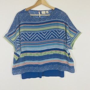 Chico's Womens Sz 0 Small 4  Shirt Top Blue White Chiffon Layer Boho Artsy Bold